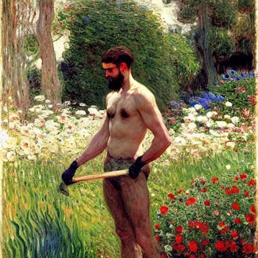 Prompt: attractive man gardening by his idyllic home, painting by tom of finland, john william waterhouse, claude monet