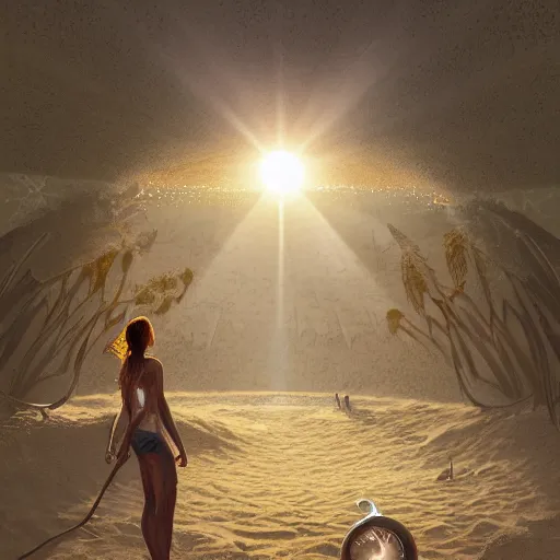 Image similar to tomb reader in beach, sun beams, intricate, elegant, highly detailed, centered, digital painting, artstation, concept art, smooth, sharp focus, illustration, Allan Lee, John How