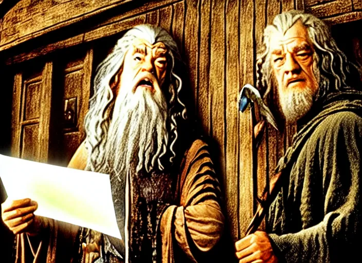 Image similar to gandalf and frodo in bag end, gandalf is holding an envelope above his head, bag end in the style of h. r. giger, image from a movie