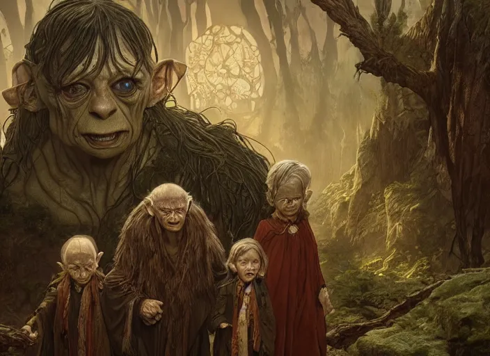 Image similar to a dramatic highly detailed render of Gollum family , Middle-earth , by WLOP and Artgerm and Greg Rutkowski and Alphonse Mucha, Beautiful dynamic dramatic dark moody lighting, shadows, cinematic atmosphere, Artstation, Octane render, 8K, masterpiece, sharp focus, hyperrealistic