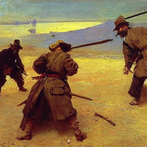 Image similar to duel between two ax - wielding bearded armed men. wide - angle. by ilya repin