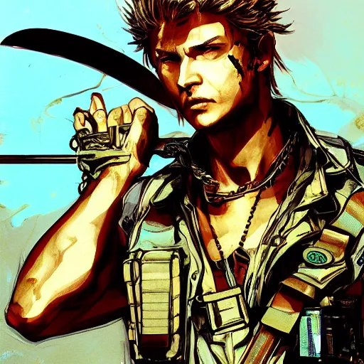 Image similar to portrait of a hero holding his sword in front of his face by yoji shinkawa, high quality, extra details, realism, ornate, colored, golden chain, blood, white skin, short hair, brown eyes, vivid, sunlight, dynamic, american man, freedom, white american soldier, spray paint