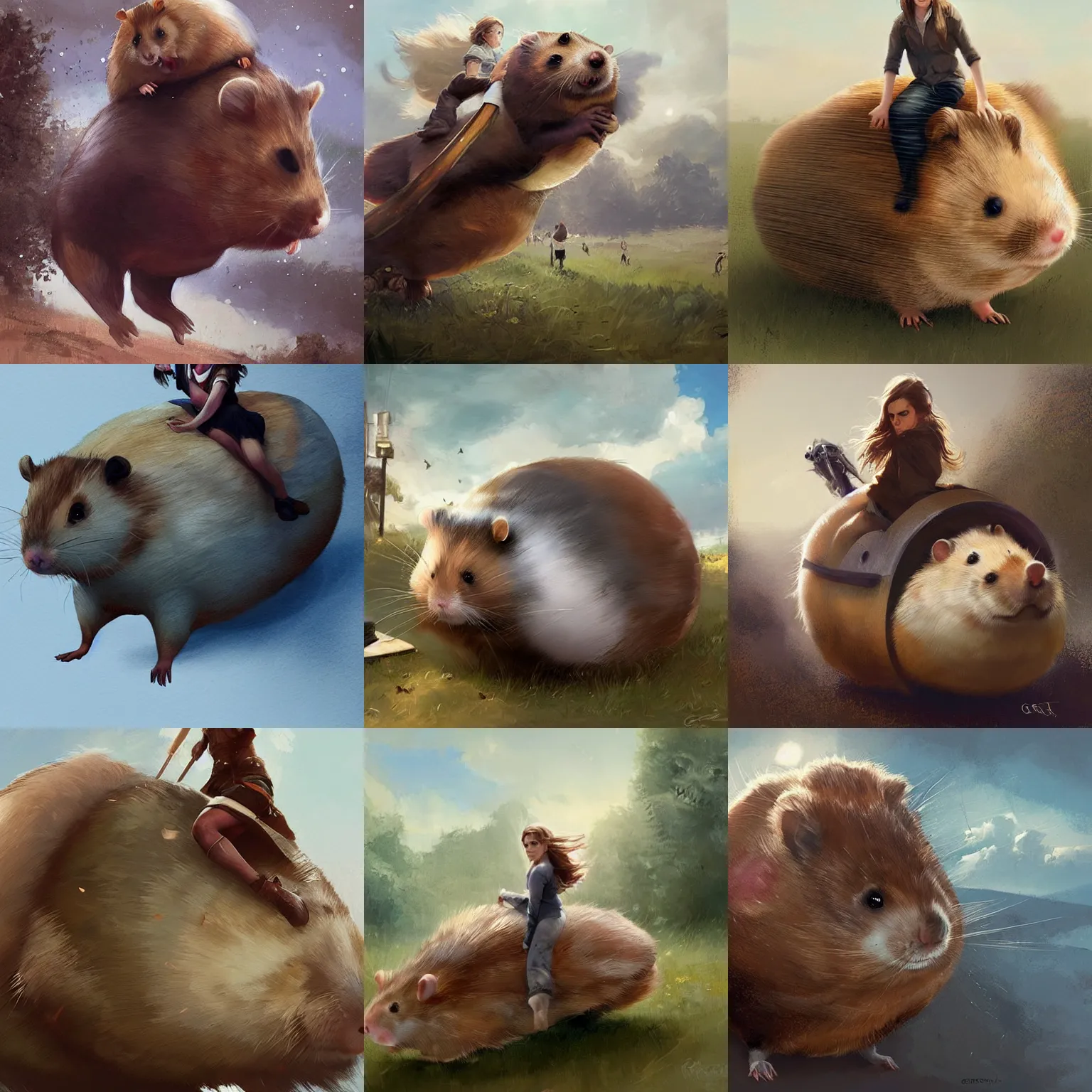 Prompt: emma watson rides a giant hamster, digital art by greg rutkowski