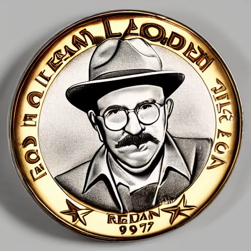 Prompt: A photograph of a high quality swiss chocolate coin that is engraved with a portrait of leon redbone wearing a cap from 1975, highly detailed, close-up product photo, depth of field, sharp focus, appetizing, foil nearby