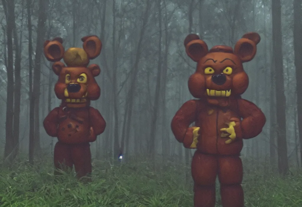 Image similar to low quality iphone photo of freddy fazbear standing ominously deep in the foggy woods with a demonic smile in his face, low visibility, grainy, creepy