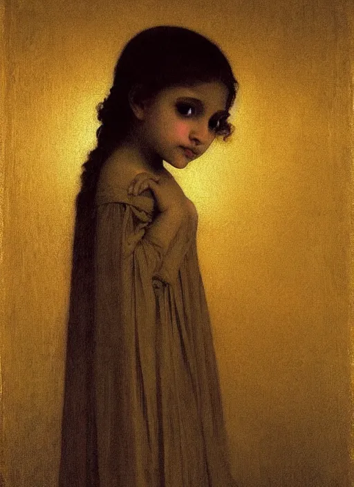 Image similar to shadows in the dark lurking on a lost little girl wearing a gold cloak, backlight, creepy, extremely realistic and highly detailed painting by william - adolphe bouguereau and caravaggio, soft light, gold ratio