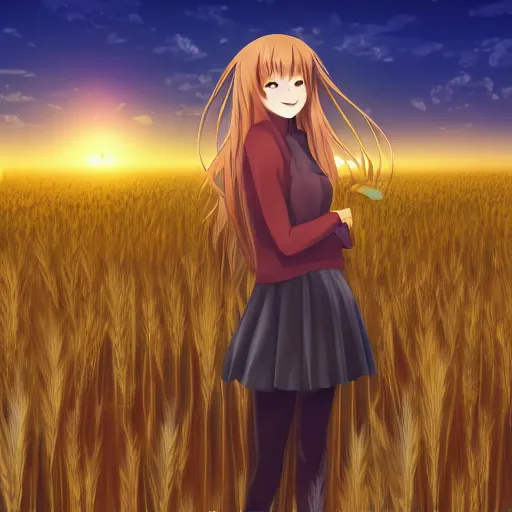 Image similar to digital illustration of Holo from Spice and Wolf standing in a wheat field at sunset, key visual