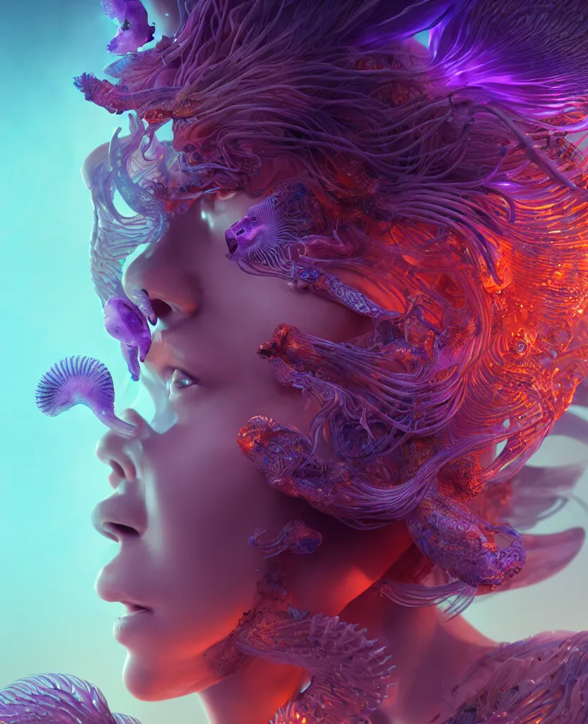 Image similar to goddess close-up face portrait. chimera orchid jellyfish phoenix head, nautilus, skull, betta fish, bioluminiscent creatures, intricate artwork by Tooth Wu and wlop and beeple. octane render, trending on artstation, greg rutkowski very coherent symmetrical artwork. cinematic, hyper realism, high detail, octane render, 8k