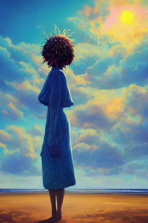 Image similar to closeup giant dahlia flower head, girl standing on beach, surreal photography, blue sky, sunrise, dramatic light, impressionist painting, digital painting, artstation, simon stalenhag