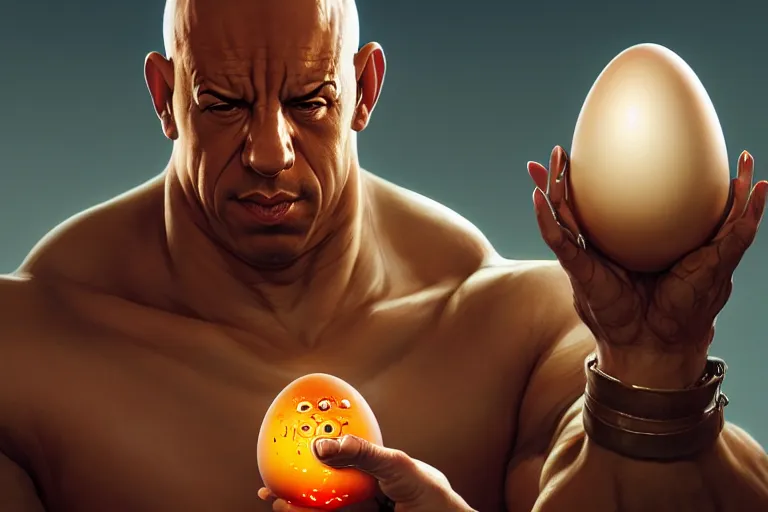 Prompt: an egg cup with vin diesel head inside, hyper detailed, digital art, artstation, cinematic lighting, studio quality, smooth render, by peter mohrbacher, hajime sorayama, boris vallejo, craig mullins