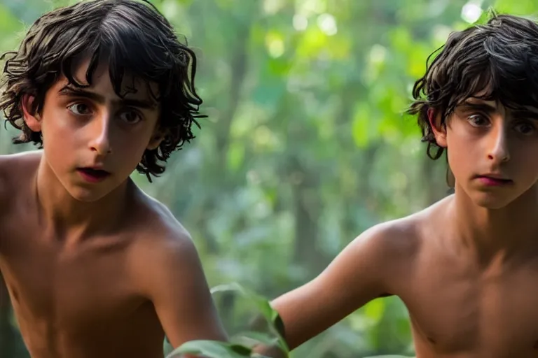 Prompt: timothee chalamet plays mowgli in the live action adaptation of the jungle book, red weapon 8 k s 3 5, cooke anamorphic / i lenses, highly detailed, cinematic lighting