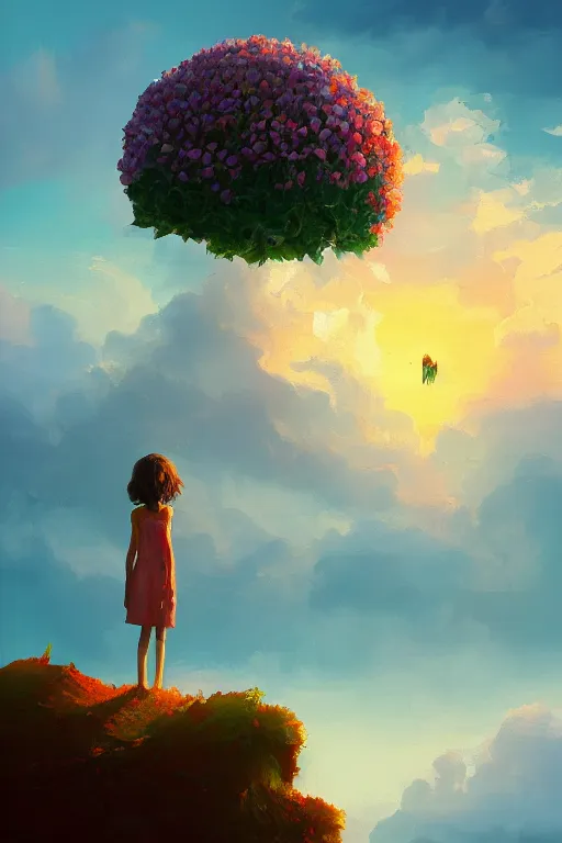 Image similar to closeup, giant flower head, girl standing on cliff, surreal photography, sunrise, blue sky, dramatic light, impressionist painting, digital painting, artstation, simon stalenhag