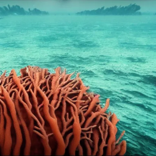 Prompt: a photo of a massive sea monster made of coral emerging from the ocean, epic vfx shot, waves, splashing water