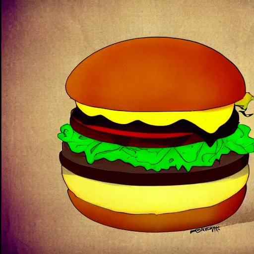 Image similar to a hamburger in an anime battle, drawing, cinematic,