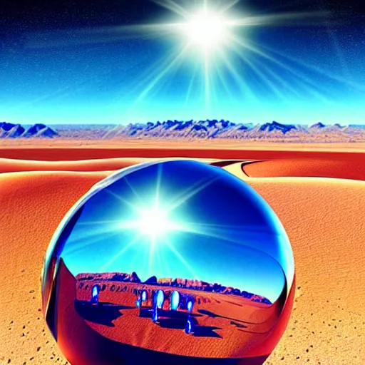 Image similar to poster big crystal in the desert, reflection from the crystal is sparkling due to sun, small starship near, futuristic, hi-tech details, style jean giraud