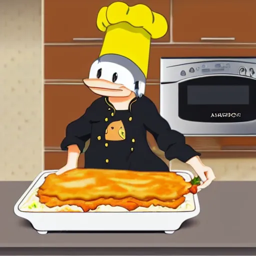 Image similar to anime cute platypus on a kitchen wearing a chef hat and holding a lasagna into an oven, anime style