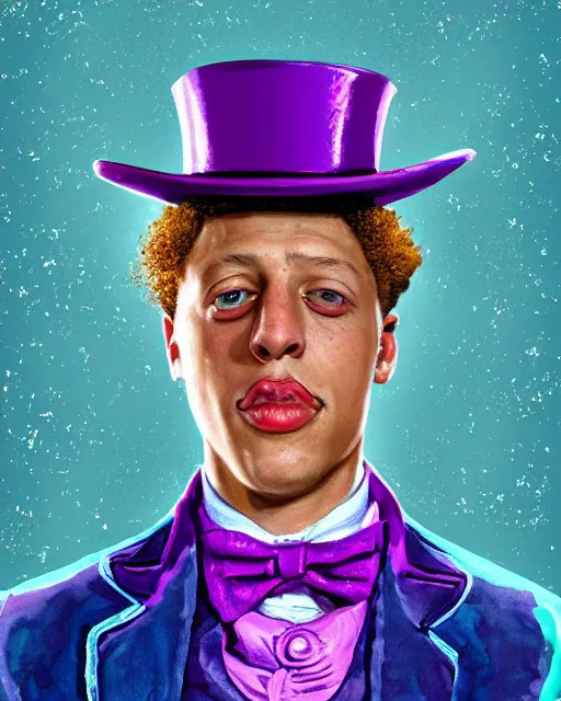 Prompt: Patrick Mahomes as Willy Wonka, digital illustration portrait design, detailed, gorgeous lighting, dynamic portrait