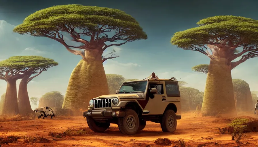 Image similar to mahindra thar driving through madagascar road with baobabs trees, animals running along, tribe members attacking, action scene, an epic fantasy, wide shot, trending on artstation, masterpiece, by greg rutkowski, by ross tran, by fenghua zhong, octane, soft render, ultrarealistic, colorful, cinematic, horizon forbidden west