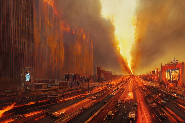 Prompt: a fire tornado going through the las vegas strip, matte painting, long shot, concept art, wide shot, digital art, trending on artstation, 4 k, extremely detailed, realistic, midday, warm colors, golden sunlight, by greg rutkowski, cinematic, epic