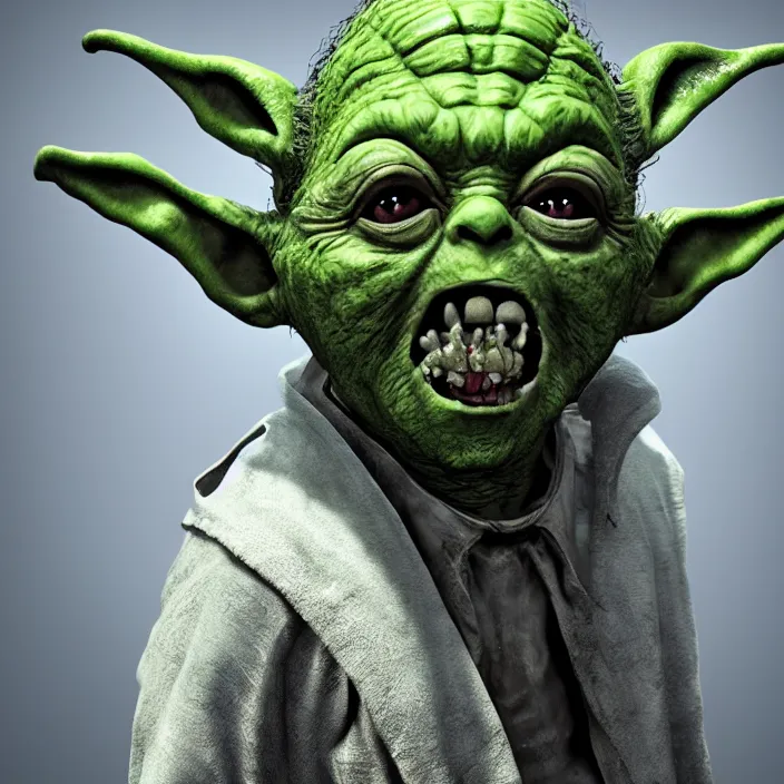 Image similar to zombie yoda, yoda as a zombie, zombified, scary, hyperrealistic, digital render, octane, artstation