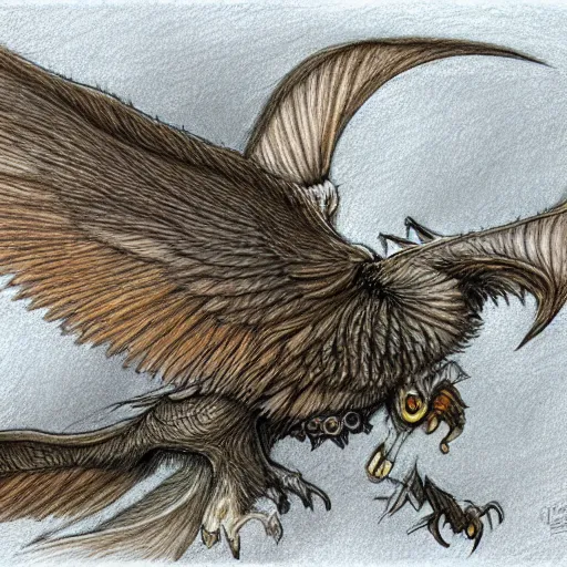 Prompt: a drawing of a gryphon with wings on its back, a color pencil sketch by yoshihiko wada, deviantart contest winner, fantasy art, steampunk, clockwork cross - section, concept art