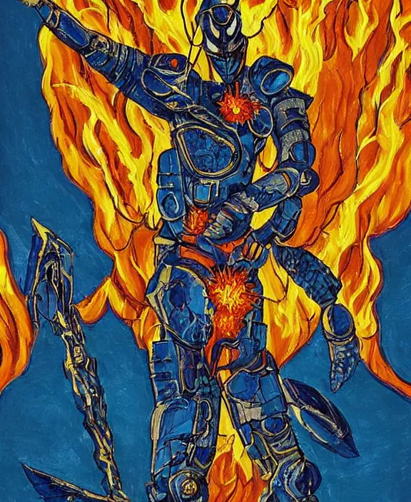 Image similar to a tarot card intricate of a fiery angel in a futuristic battle suit pointing directly at the viewer