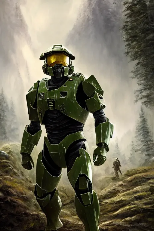 Prompt: master chief playing as asland in narnia, oil on canvas, intricate, portrait, 8 k highly professionally detailed, hdr, cgsociety