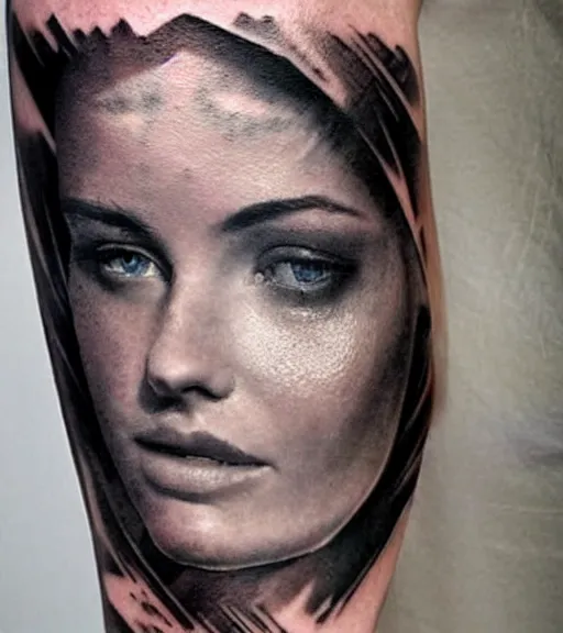 Image similar to hyper realism tattoo sketch of a beautiful woman face double exposure effect with beautiful mountain scenery, in the style of matteo pasqualin, amazing detail, sharp, faded