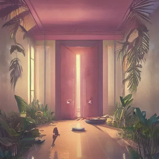 Image similar to indoor liminal dream, golden light, greg rutkowski, palm trees, pink door, minimalistic, hyperrealistic surrealism, award winning masterpiece with incredible details, epic stunning, infinity pool mirrors, a surreal vaporwave liminal space with mirrors, highly detailed, trending on artstation, artgerm and greg rutkowski and alphonse mucha, daily deviation