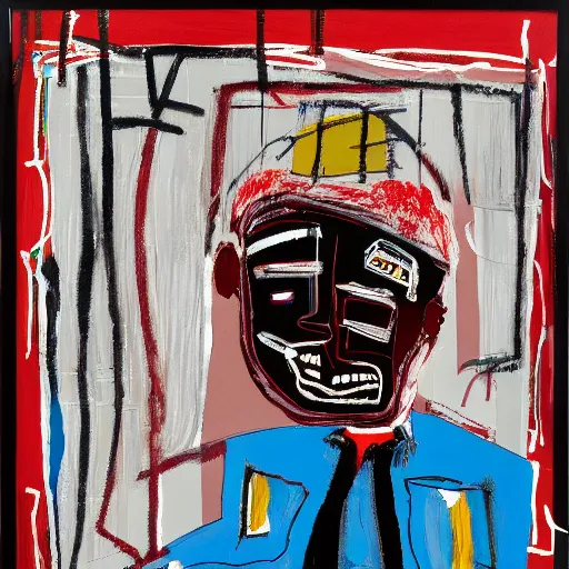 Prompt: Exciting Morning. Sunlight is entering through the window and lights the face of a sleepy man enjoying a red cup of coffee. Detailed and intricate brush lines, oil paint and spray paint, markers, paper collage, crayon and color transfer on canvas. Painting by Basquiat, 1999