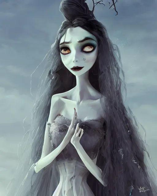 Image similar to elegant mysterious solemn zombie victoria everglot from the corpse bride, portrait, illustration, rim light, top light, summer clear blue sky, perfectly shaded, soft painting, art by krenz cushart and wenjun lin