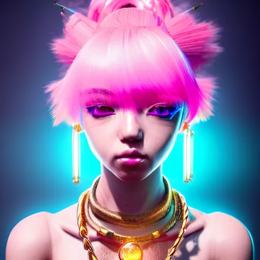 Image similar to hyperdetailed portrait of a stunningly beautiful pink cyberpunk cute girl made of metals and shiny iridescent gems, bright rainbow nimbus, gold necklace, smoke background inspired by ross tran and masamune shirow and kuvshinov, intricate, photorealistic, octane render, rtx, hdr, unreal engine, dnd digital art by artgerm