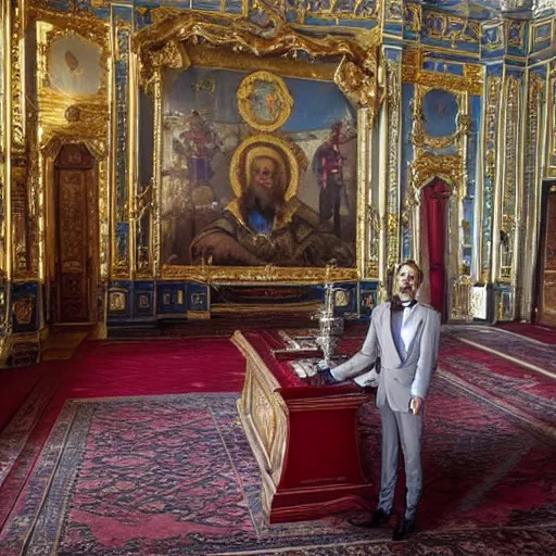 Prompt: Ivan the Terrible in his palace in Moscow testing new Tesla 3, wide angle, high detail, width 768