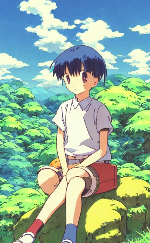 Prompt: a pocket monster go card from 1 9 5 0, illustration, clear sky background, lush landscape, concept art, anime key visual, trending pixiv fanbox, by wlop and greg rutkowski and makoto shinkai and studio ghibli and kyoto animation and ken sugimori, symmetrical facial features, short hair, hair down, a beetle trainer, box art