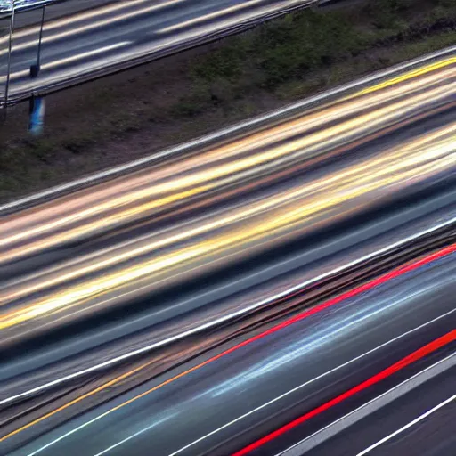 Image similar to a stunning aesthetic wallpaper of a highway full of traffic with a train track and bus lane, photograph by leon macapagal, 8 k, motion blur, soft focus, cinematic lighting, trending on flicker.