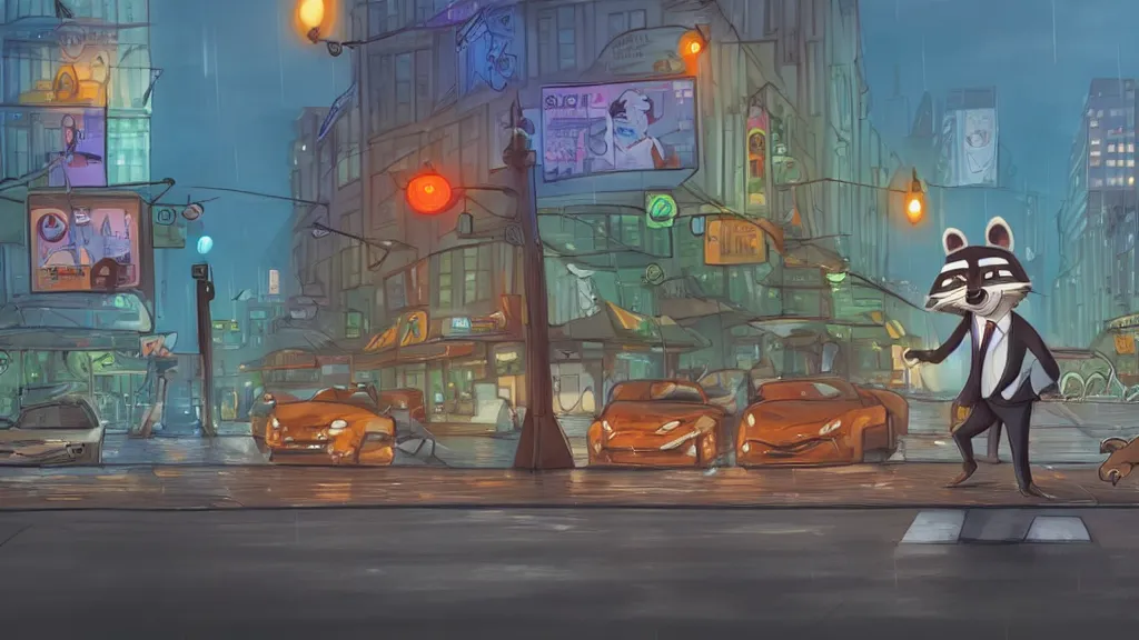 Image similar to A cute anthropomorphic raccoon businessman is walking down a busy crosswalk at in the rain at night, warm lighting with an orange glow blanketing the cityscape from the city lights, zootopia, other anthropomorphic characters are walking by him, extremely detailed, HDR, sideview, solemn and moody, many cars and animal people in the background, detailed face and eyes, large eyes with visible pupils, the road is wet with many rain puddles, reflections from the water on the ground, he is carrying a black briefcase