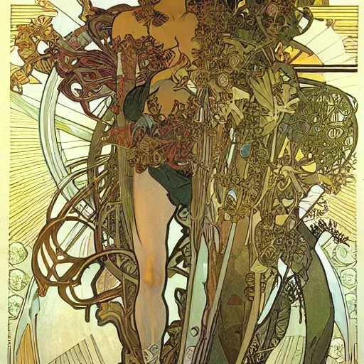 Image similar to organic cyborg art by alphonse mucha