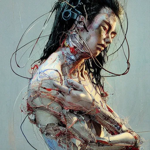 Image similar to a female cyberpunk cyberhacker, wires cybernetic implants, in the style of adrian ghenie esao andrews jenny saville surrealism dark art by james jean takato yamamoto and by ashley wood