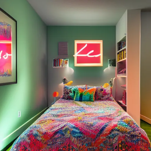 Image similar to hip bedroom of a millennial shot at night, high detail, neon lights, rug under bed, colorful art