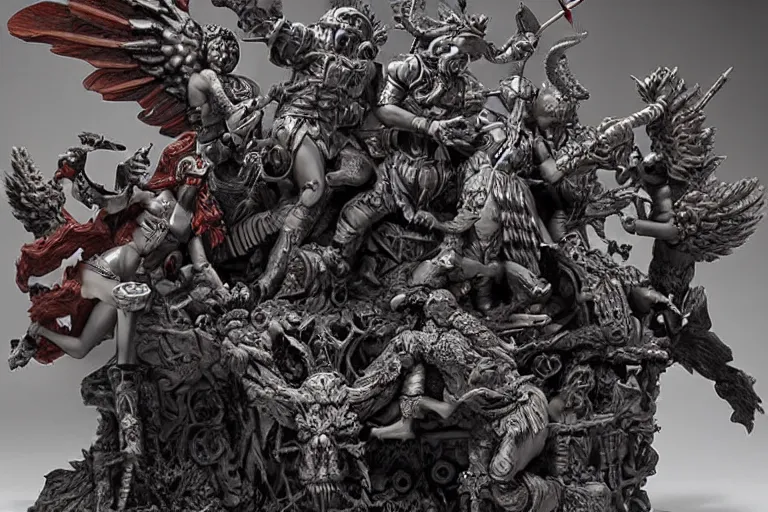 Image similar to an intricate 3d sculpture of the battle for good and evil with angels and demons by kris kuksi