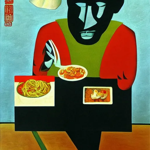 Image similar to surrealist painting, chinese man eating noodles, cubism