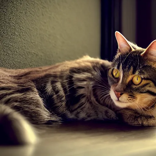 Prompt: an adult cat, male, tabby, medium hair, green eyes, stretched out on bed, light from window casting beam on face, lazy, artistic, photography, unreal engine 5