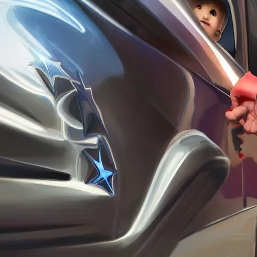 Prompt: ultra - close - up of child's hand attaching a star - shaped sticker to the surface of a car, digital art by ruan jia and mandy jurgens and artgerm, highly detailed, trending on artstation, award winning