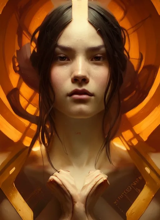 Image similar to beautifull, by greg rutkowski, symmetry, concept art by artgerm, distance render portrait of a hyper realistic, pixar, intense, epic, powerfull, alphonse mucha, octane render, highly detailed, high quality, 8 k, soft lighting, path traced, and uang guangjian and gil elvgren, symmetry!!