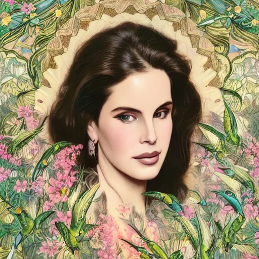 Prompt: head and shoulder portrait of lana del rey, surrounded by hummingbirds and dense fine floral ornaments, eye - level medium shot, dense floral background, elegant, intricate, by wain louis and mucha, centered, volumetric light