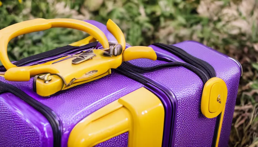 Image similar to yellow and purple swirl suitcase, photograph