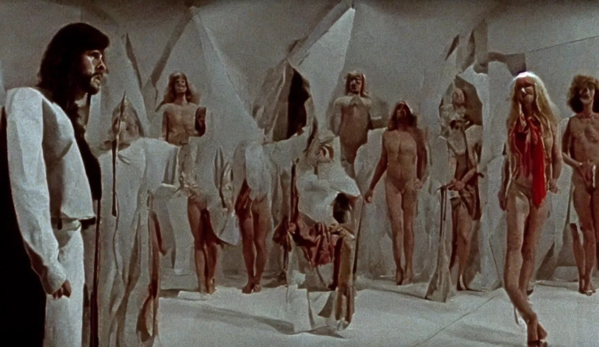 Image similar to a still of severance series indoor 7 0 s scenario appearing in a film of jodorowsky, in movie holy mountain ( 1 9 7 3 )