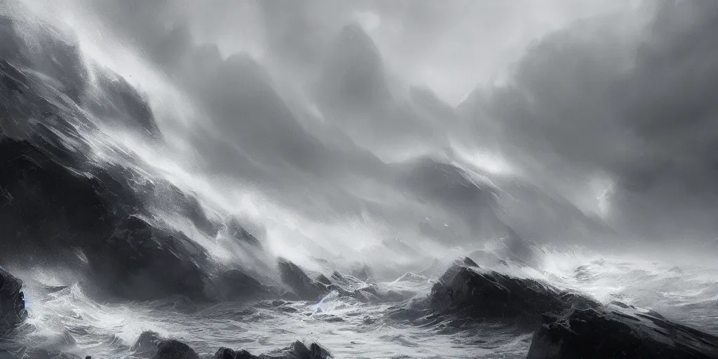 Image similar to sea of tumultuous and billowing white fog near the coast of the realm of shadows, low saturation, high contrast, mostly greyscale, in the style of marcin rubinkowski, greg rutkowski, lorenzo lanfranconi, oleg zherebin, trending on artstation