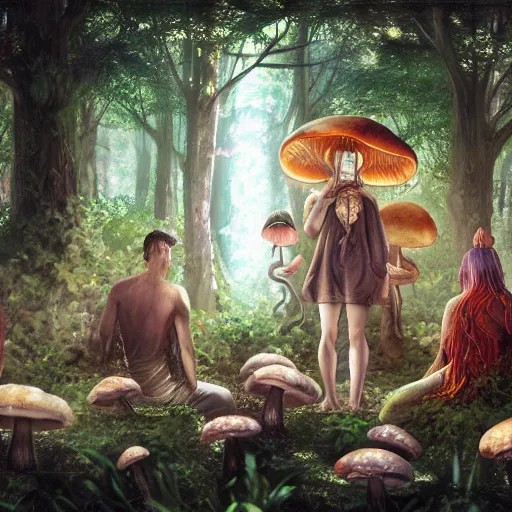 Image similar to mushroom goddess with group of elders, discussing the new season of friends, cynical realism, hiroya oku painterly, yoshitaka amano, chris cunningham, renderfruit, beautiful lighting, tendrils, in the style of, wlop, scientific diagram