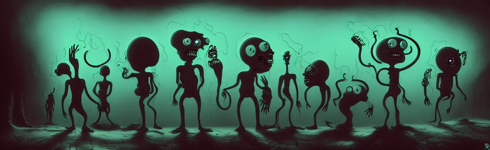 Prompt: uncanny repressed mutants from the depths of a vast wasteland in the collective unconscious, dramatic lighting, surreal dark 1 9 3 0 s fleischer cartoon characters, surreal painting by ronny khalil